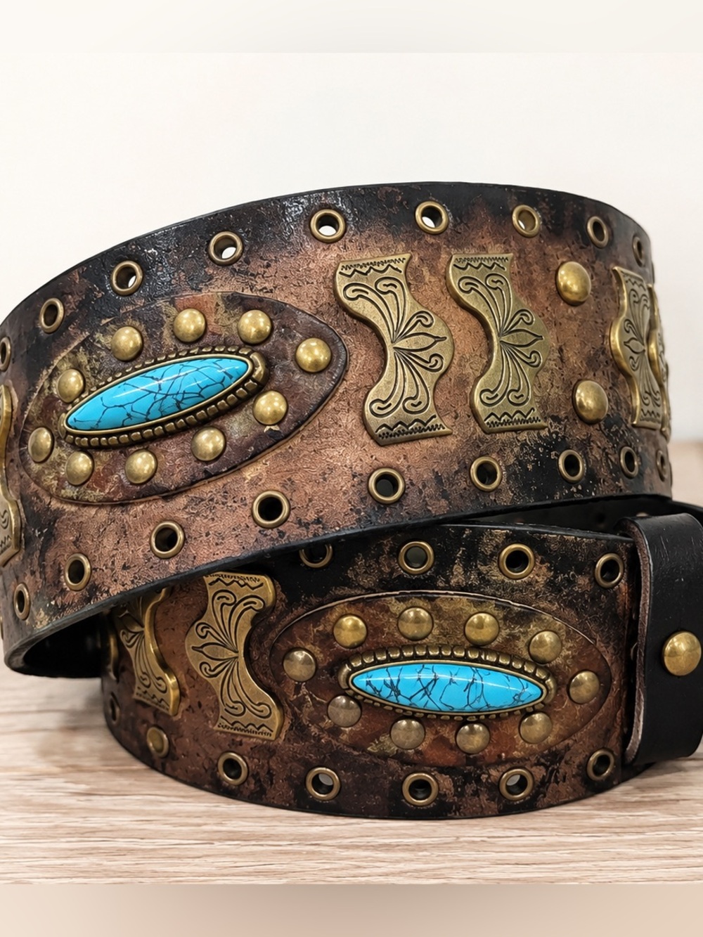 VTG Brass Studded Western Distressed Wide Belt Boho Rustic Textured Turquoise